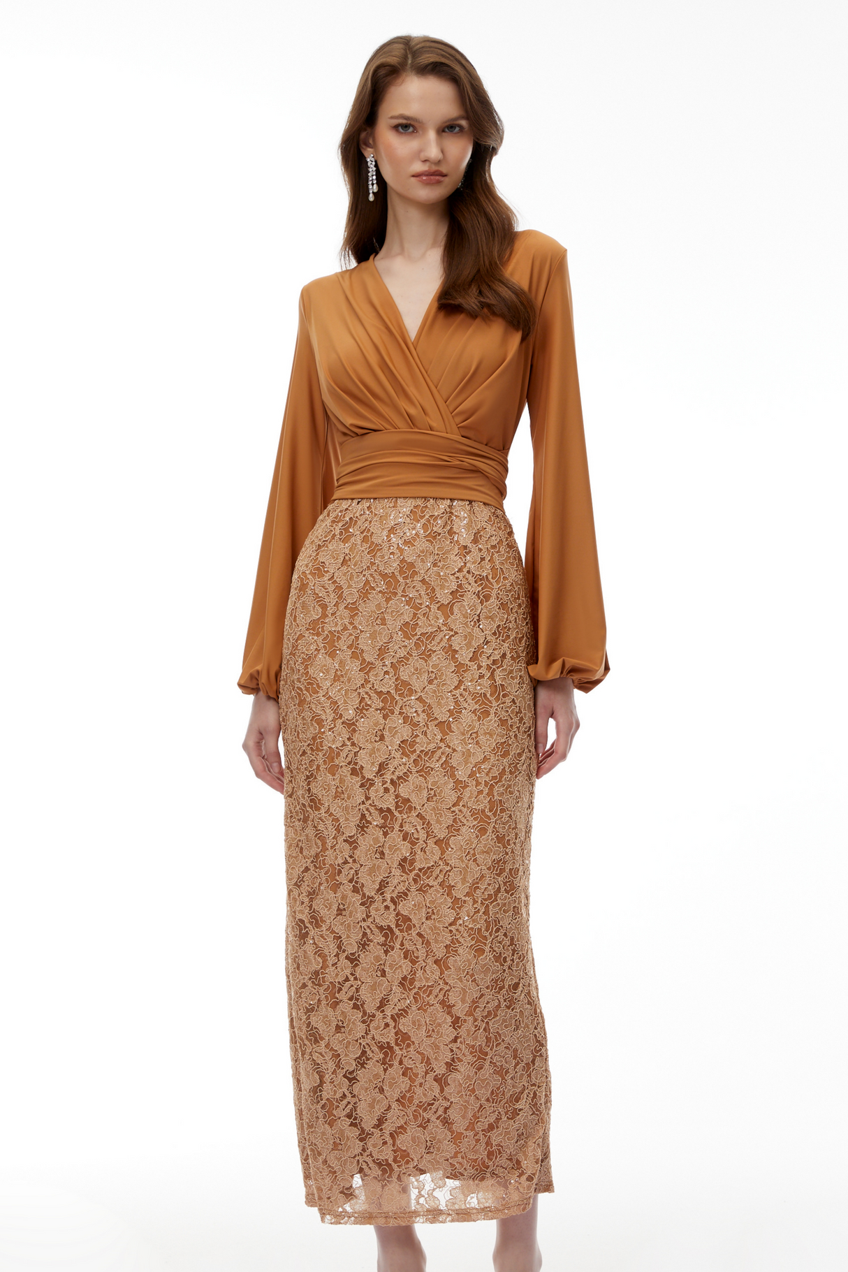 Aurohaya Fauna Brown Plunge Neck Lace Maxi Dress