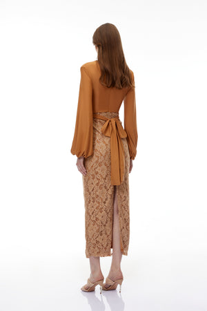 Aurohaya Fauna Brown Plunge Neck Lace Maxi Dress