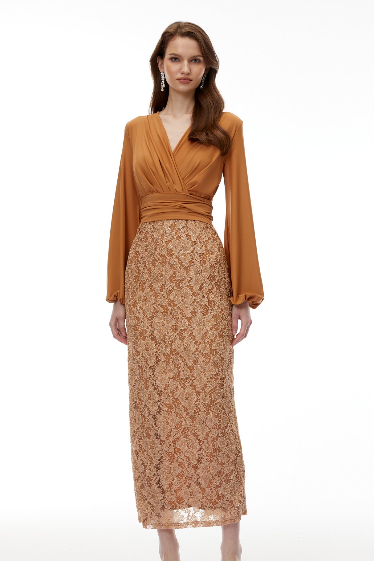 Aurohaya Fauna Brown Plunge Neck Lace Maxi Dress