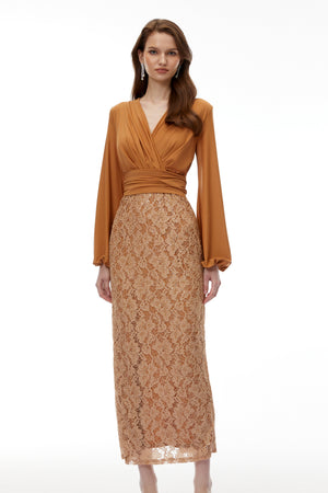 Aurohaya Fauna Brown Plunge Neck Lace Maxi Dress