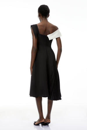 Aurohaya Faustine Black Asymmetrical Color Block Midi Dress
