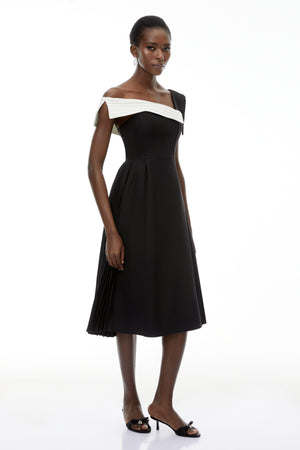 Aurohaya Faustine Black Asymmetrical Color Block Midi Dress