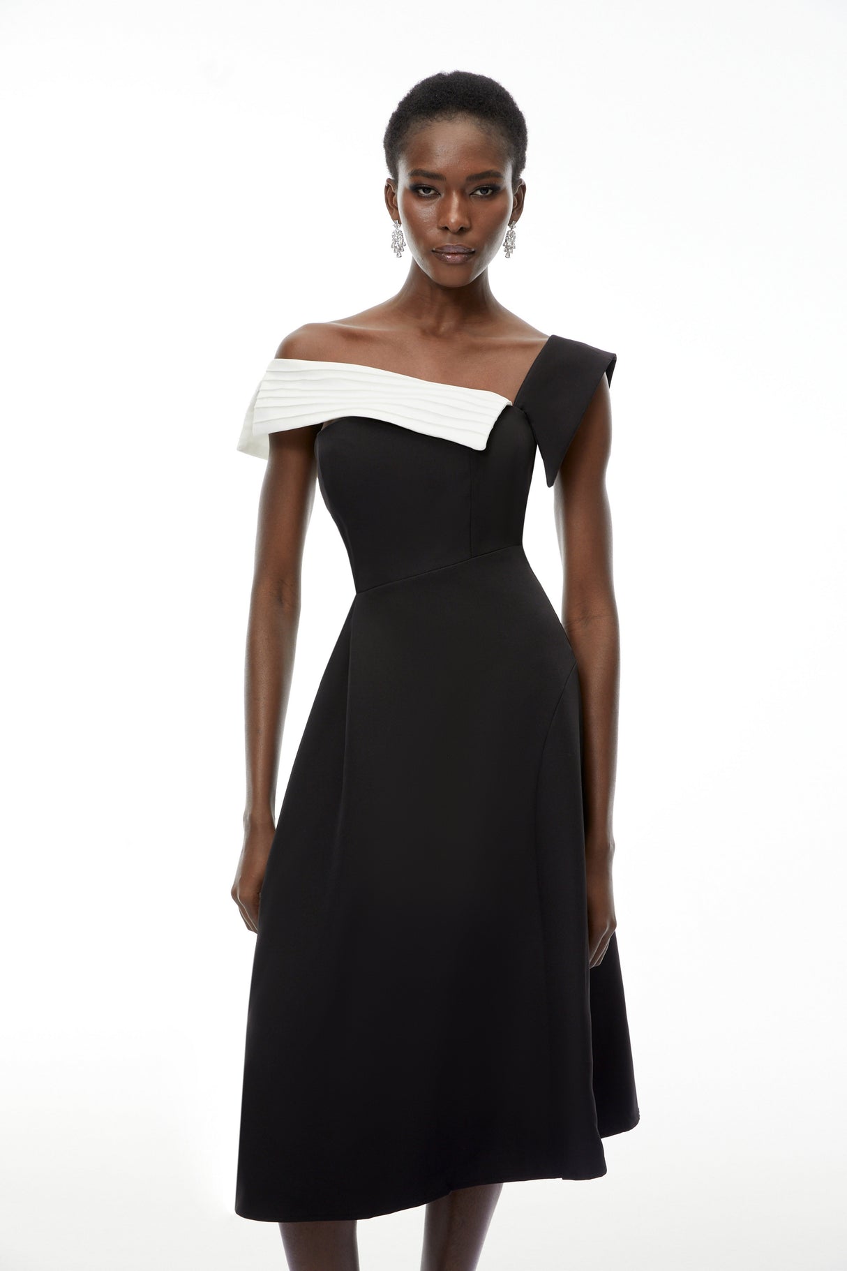 Aurohaya Faustine Black Asymmetrical Color Block Midi Dress