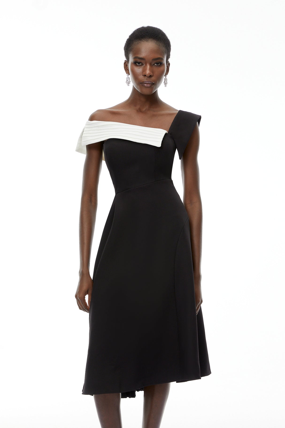 Aurohaya Faustine Black Asymmetrical Color Block Midi Dress