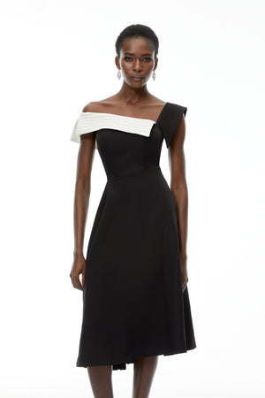 Aurohaya Faustine Black Asymmetrical Color Block Midi Dress