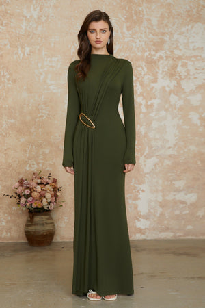 Aurohaya Fawn Green Ruched Maxi Dress with Ribbon Detail