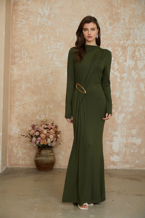 Aurohaya Fawn Green Ruched Maxi Dress with Ribbon Detail