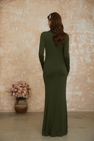 Aurohaya Fawn Green Ruched Maxi Dress with Ribbon Detail