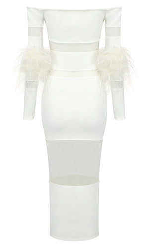 Feather Long Sleeve Off Shoulder Midi Dress White