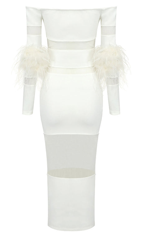 Feather Long Sleeve Off Shoulder Midi Dress White