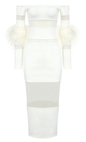 Feather Long Sleeve Off Shoulder Midi Dress White