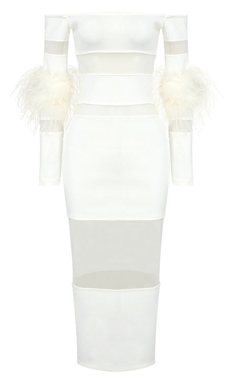 Feather Long Sleeve Off Shoulder Midi Dress White
