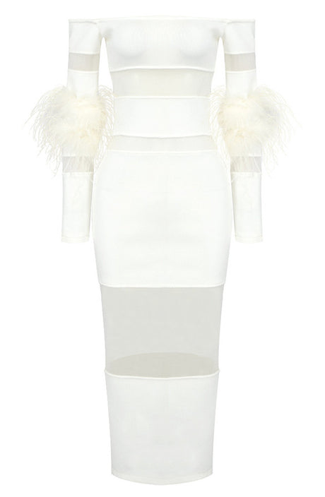 Feather Long Sleeve Off Shoulder Midi Dress White
