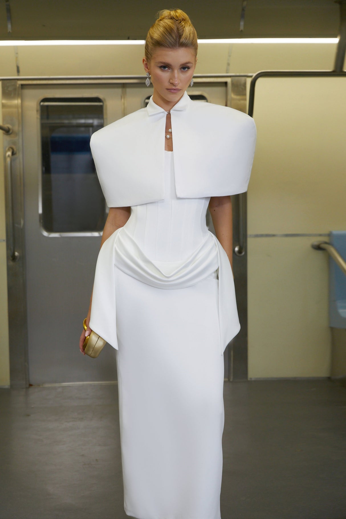 Aurohaya Felice White Structured Cape & Corset Dress Set
