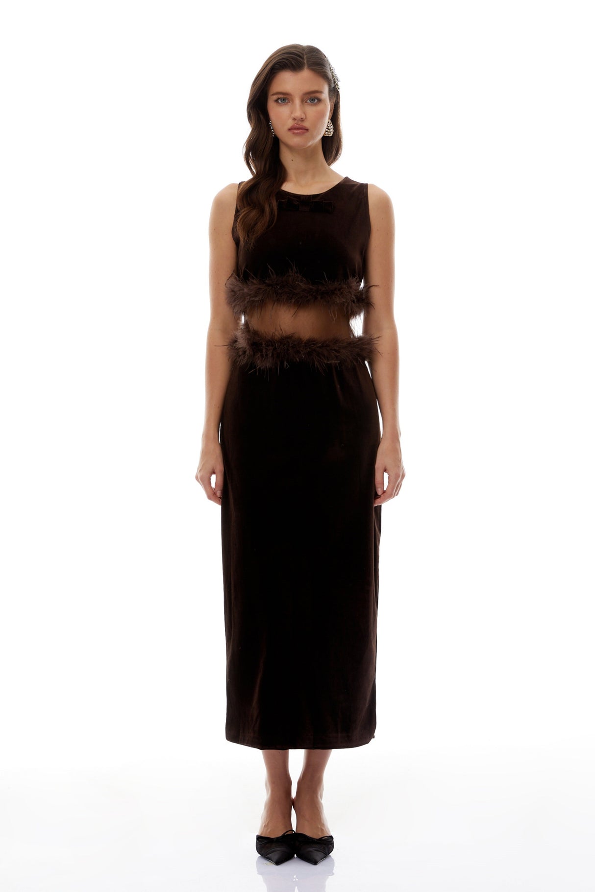 Aurohaya Fernande Brown Sleeveless Midi Dress