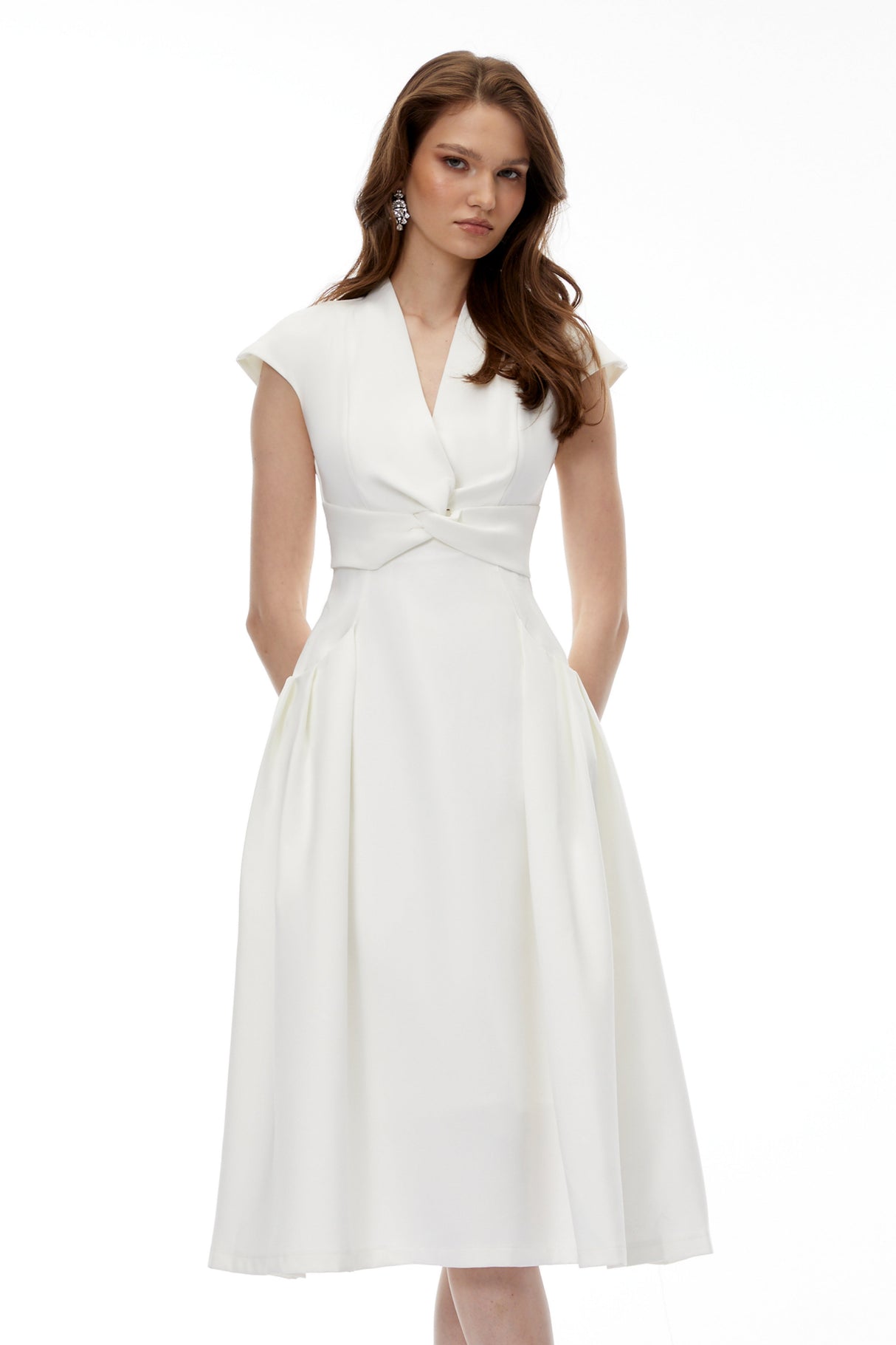 Aurohaya Fevronia White Sleeveless Twist Front Midi Dress