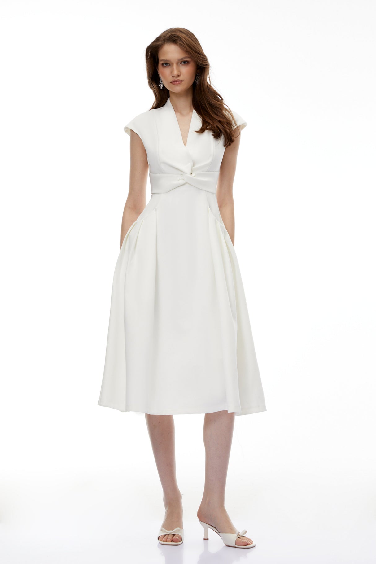 Aurohaya Fevronia White Sleeveless Twist Front Midi Dress