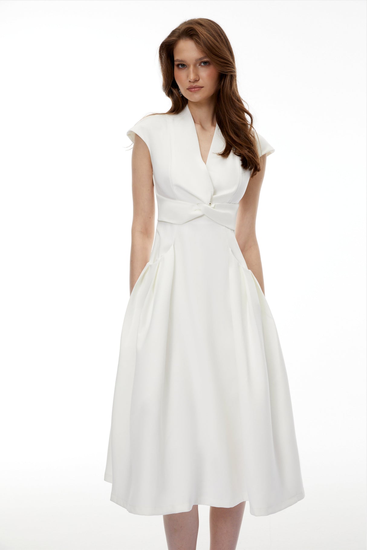 Aurohaya Fevronia White Sleeveless Twist Front Midi Dress