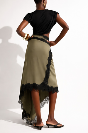 Aurohaya Fiamma Black Gathered Lace Panel Maxi Dress