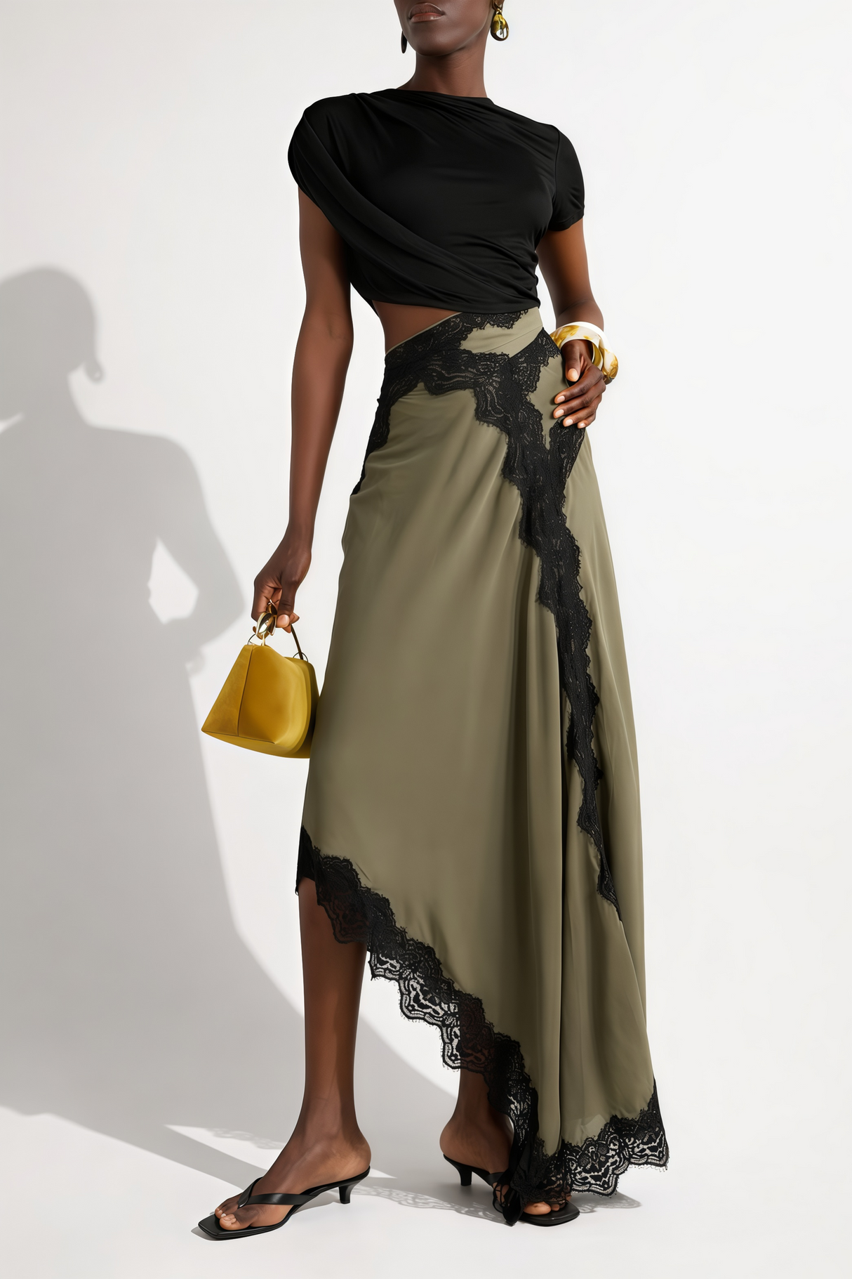 Aurohaya Fiamma Black Gathered Lace Panel Maxi Dress