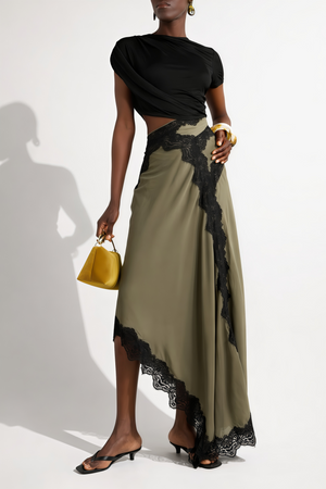 Aurohaya Fiamma Black Gathered Lace Panel Maxi Dress
