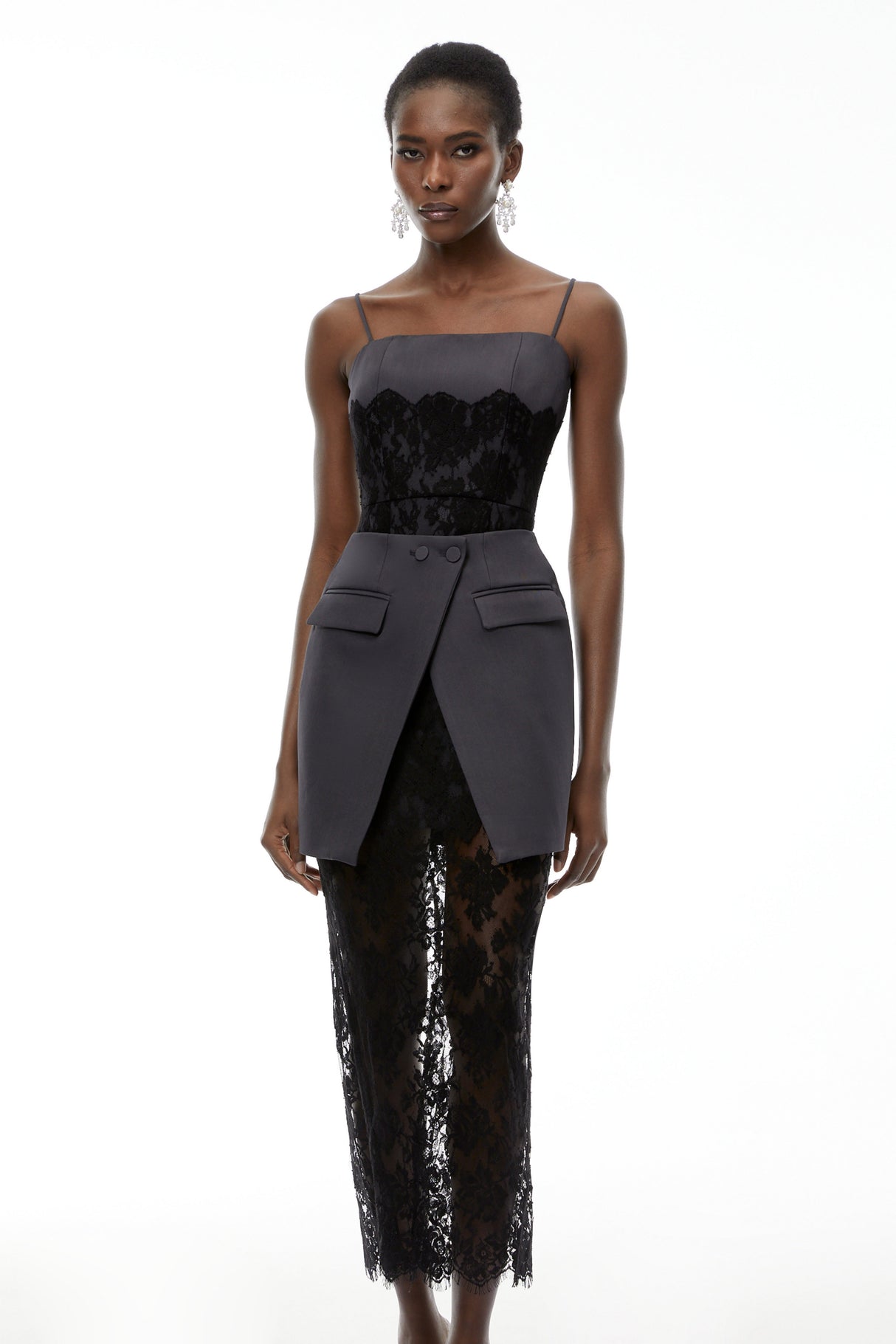 Aurohaya Fiona Grey Lace Panel Asymmetrical Maxi Dress