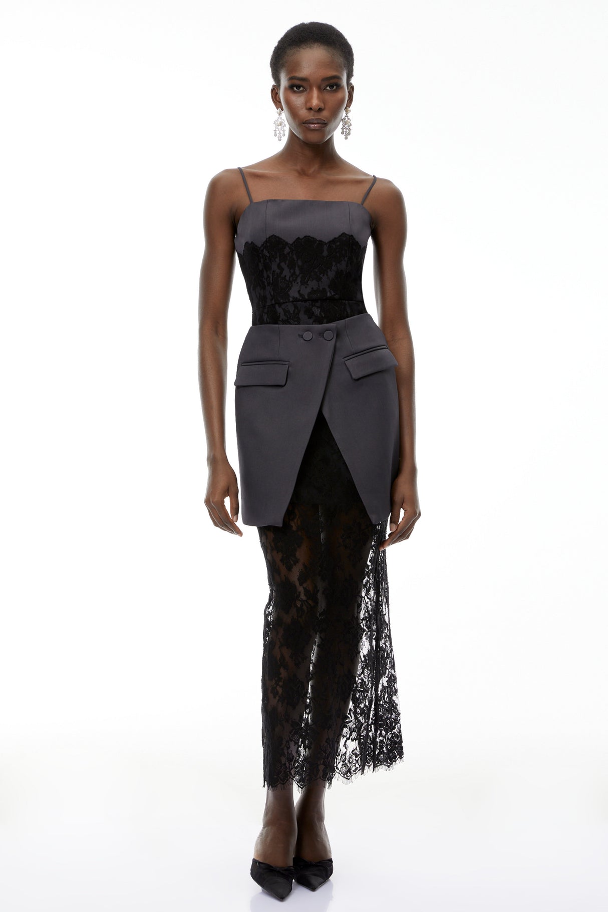 Aurohaya Fiona Grey Lace Panel Asymmetrical Maxi Dress