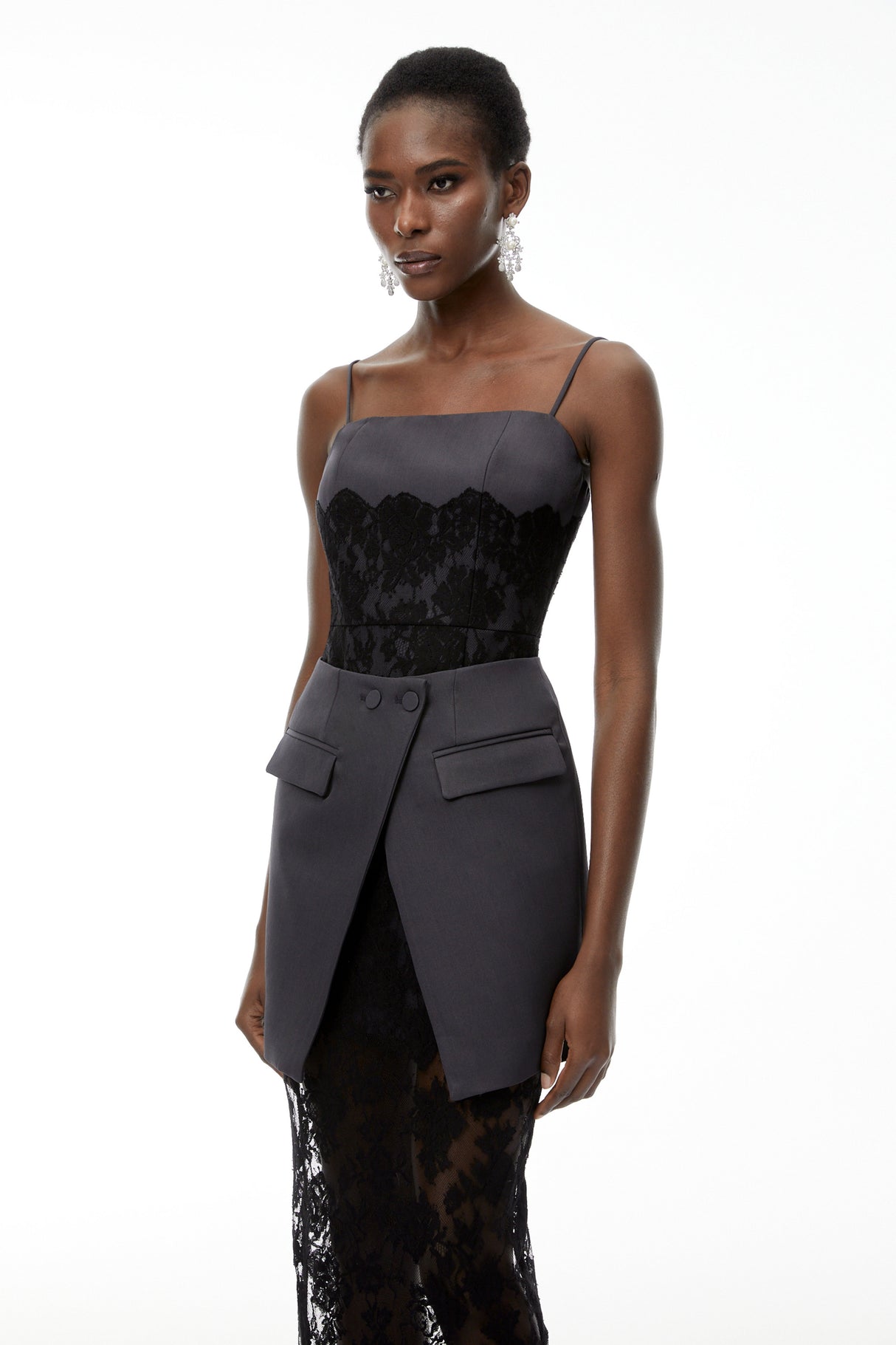 Aurohaya Fiona Grey Lace Panel Asymmetrical Maxi Dress