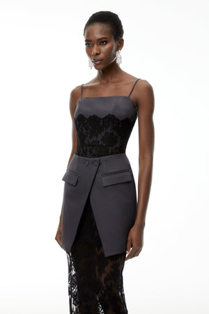 Aurohaya Fiona Grey Lace Panel Asymmetrical Maxi Dress
