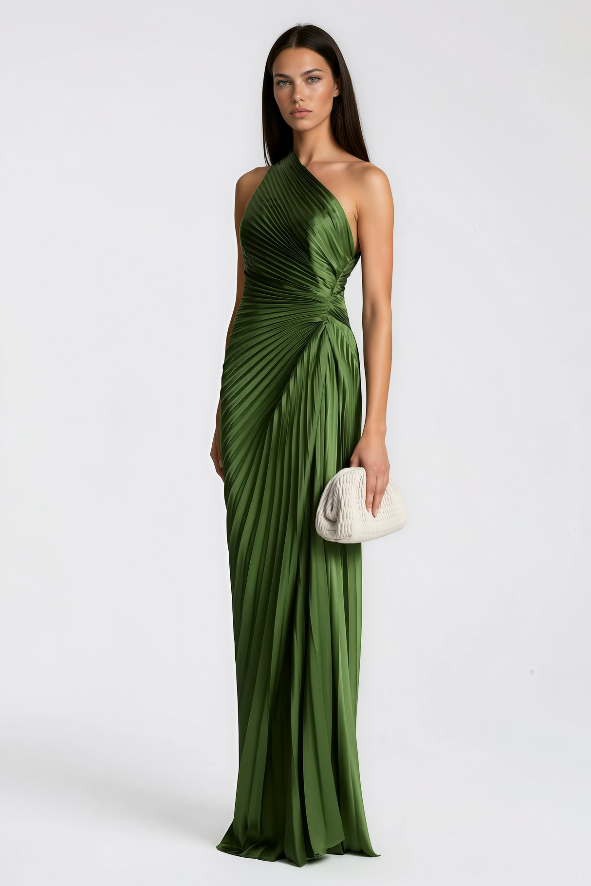 Aurohaya Firoozeh Emerald Green One Shoulder Pleated Maxi Dress