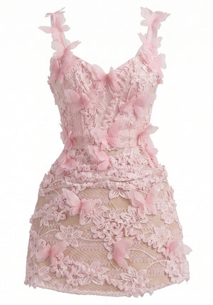 Floral Butterfly Lace A Line Dress Pink