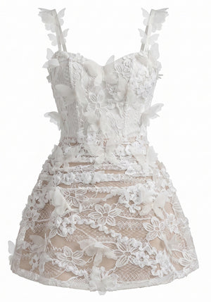 Floral Butterfly Lace A Line Dress White