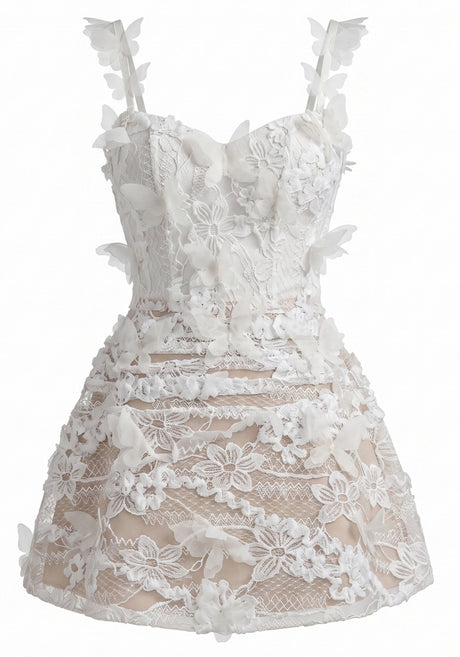 Floral Butterfly Lace A Line Dress White