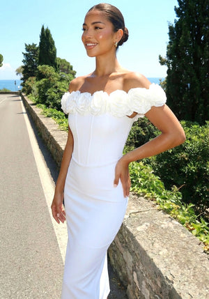 Floral Bardot Midi Dress White