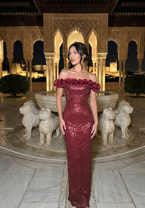 Floral Bardot Sequin Maxi Dress Burgundy