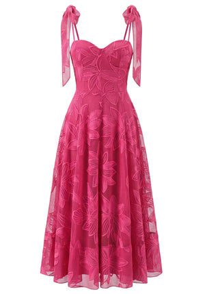 Floral A Line Bustier Midi Dress Hot Pink