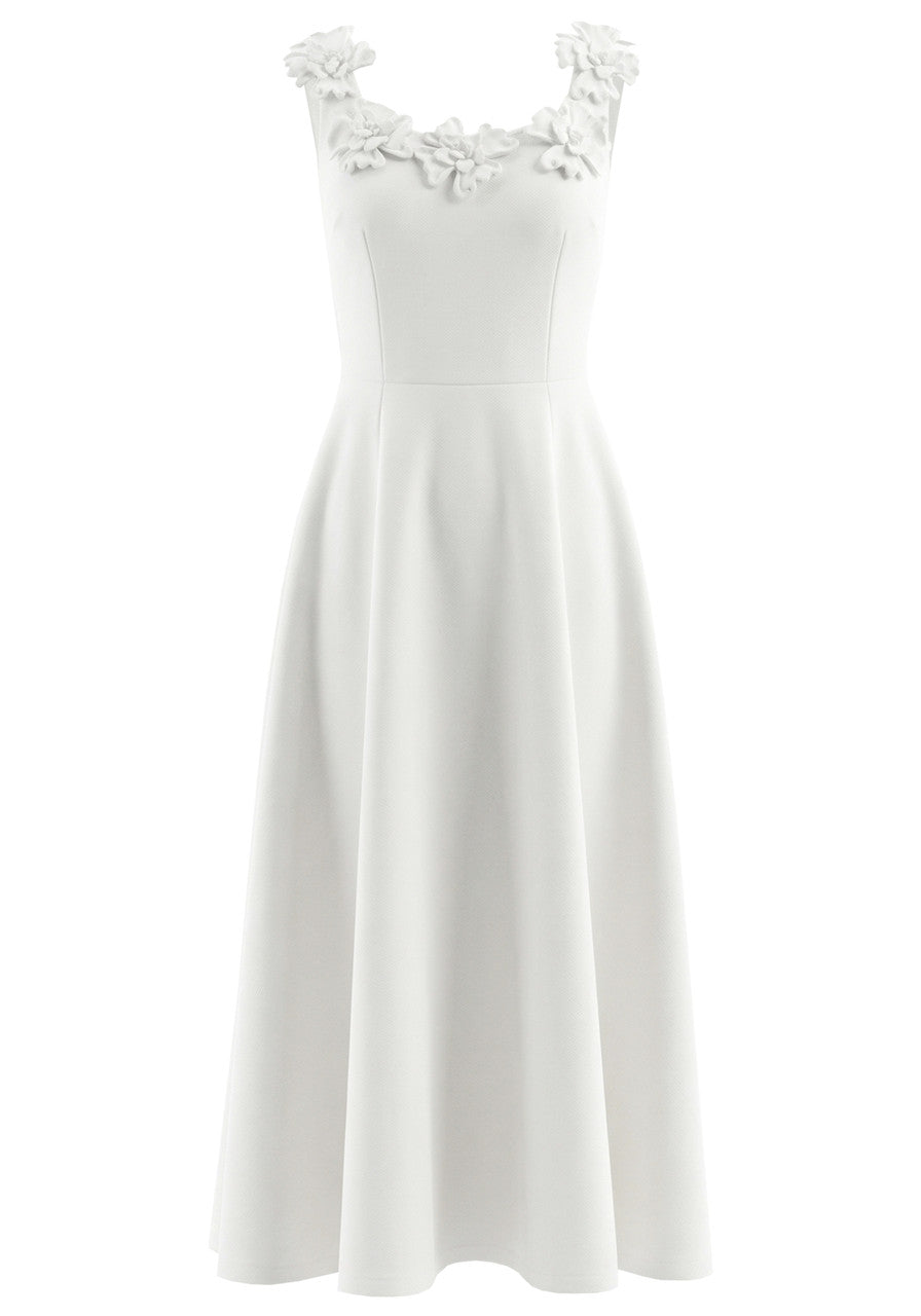 Floral Detail A Line Midi Dress White