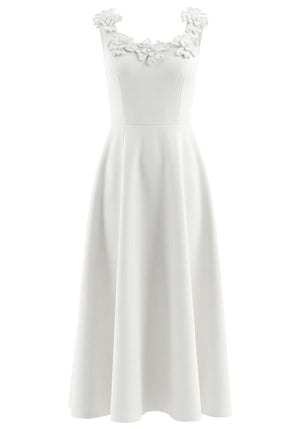 Floral Detail A Line Midi Dress White