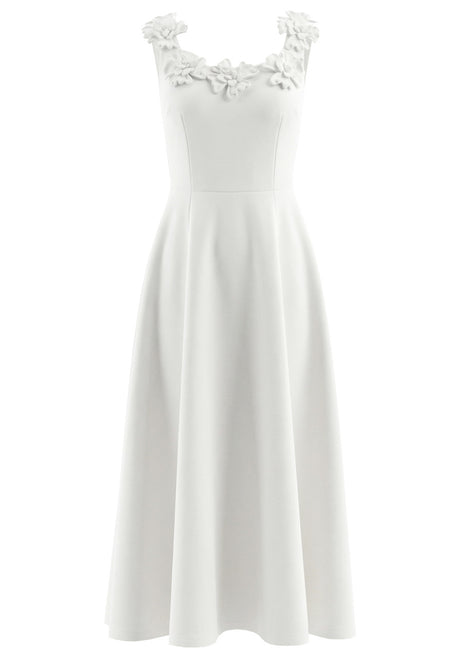 Floral Detail A Line Midi Dress White