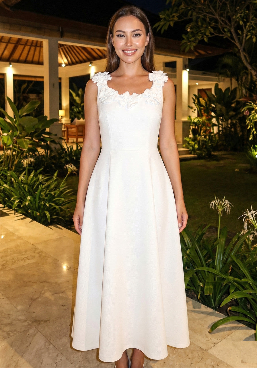 Floral Detail A Line Midi Dress White