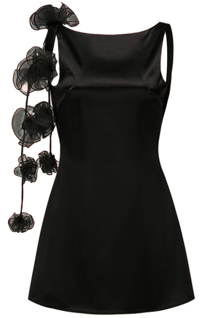Floral Detail Backless Dress Black