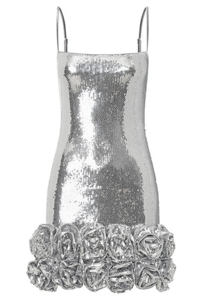 Floral Hem Sequin Dress Silver