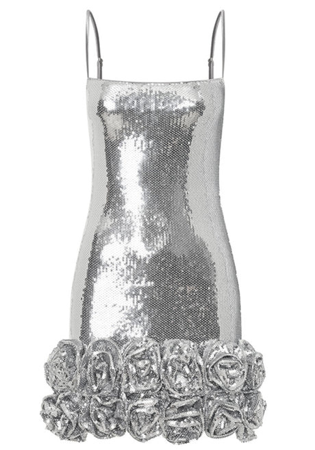 Floral Hem Sequin Dress Silver
