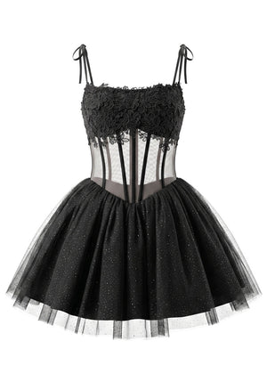 Floral Lace Corset A Line Dress Black
