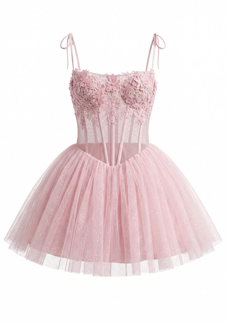 Floral Lace Corset A Line Dress Pink