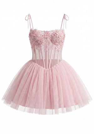 Floral Lace Corset A Line Dress Pink