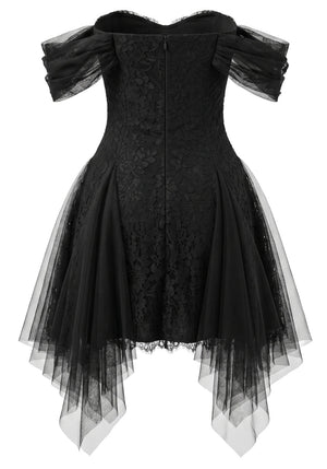 Floral Mesh Bardot Lace Dress Black