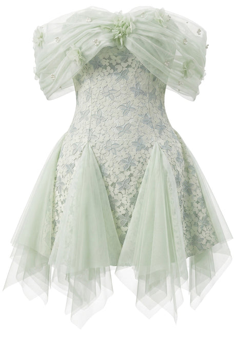 Floral Mesh Bardot Lace Dress Green