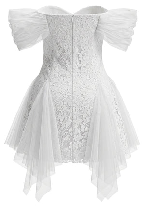 Floral Mesh Bardot Lace Dress White
