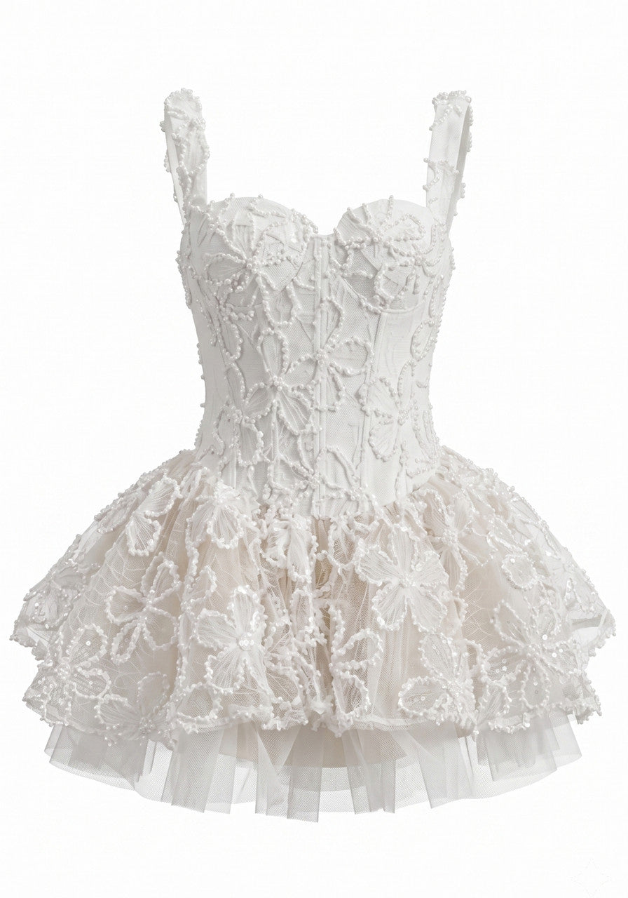 Embroidered Floral A Line dress White